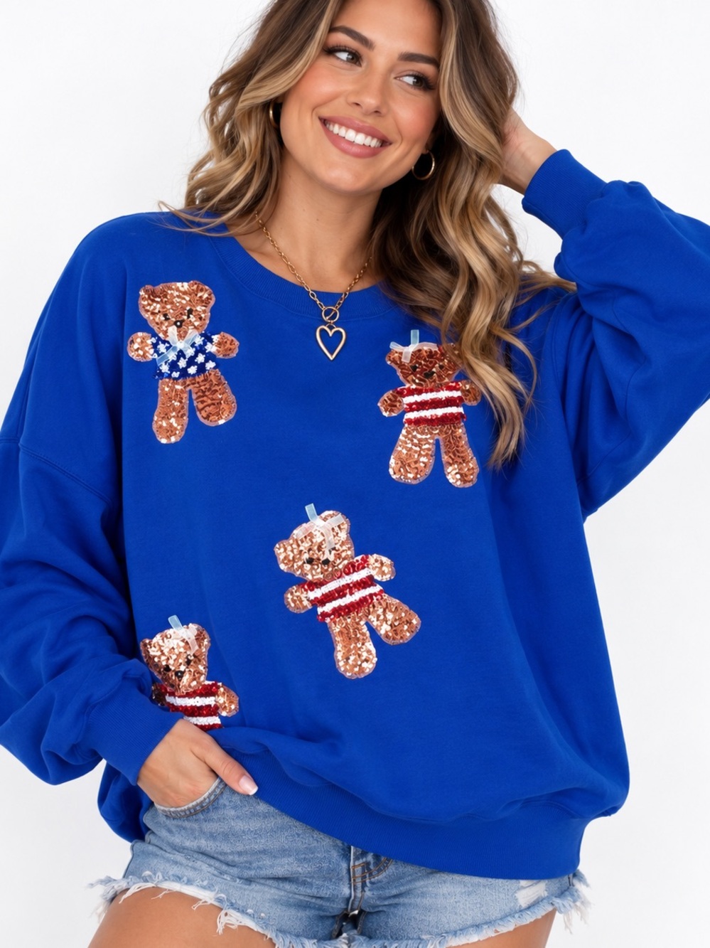 Peach Love California Blue Sequin Teddy Sweatshirt small